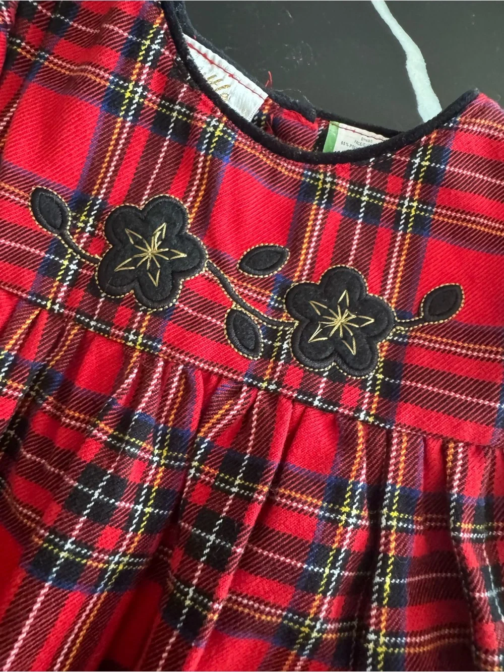 Red Plaid Girls' Holiday Dress‎ with Black Floral Detail